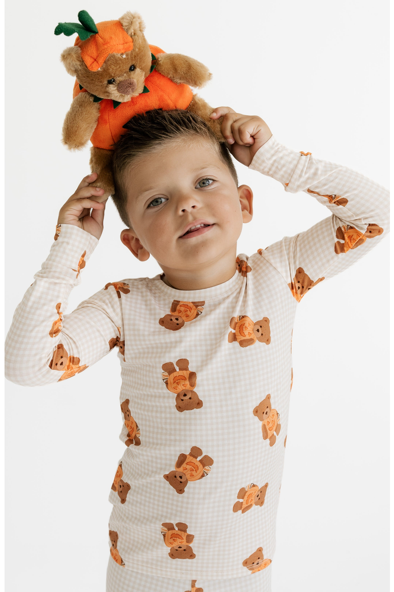 Gingham Little Boo Bear Two Piece Pajama Set, Alternate, color, Tan / Cream