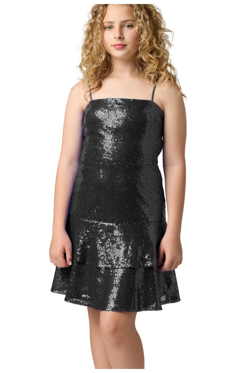 Un Deux Trois Sequin Bow Back Tiered Dress, Main, color, Black
