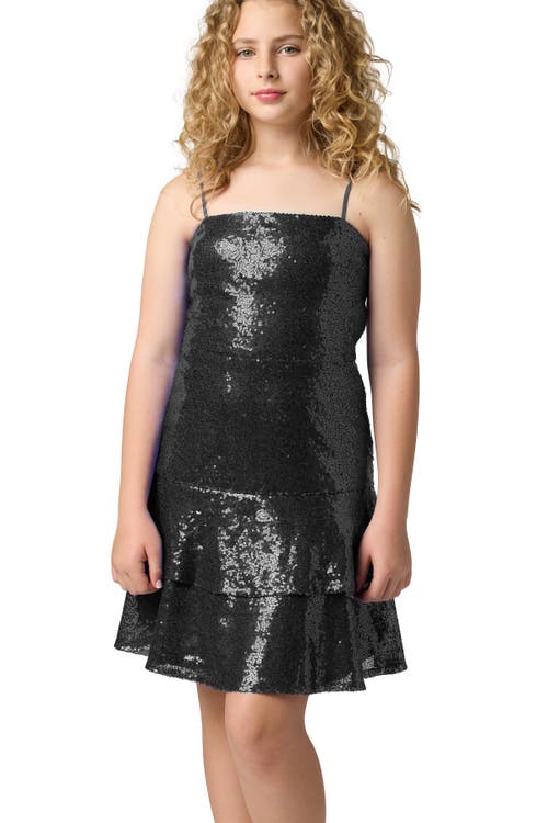 Un Deux Trois Sequin Bow Back Tiered Dress In Black
