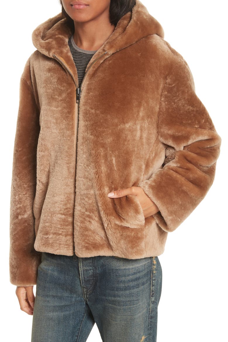 Genuine Shearling Hoodie, Alternate, color, CAMEL