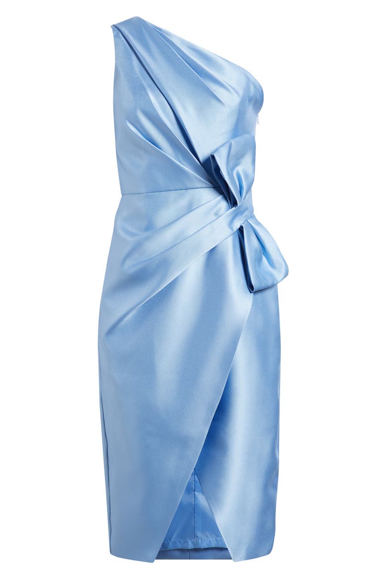 Pleated Bow One-Shoulder Mikado Cocktail Dress, Alternate, color, ICY TOPAZ
