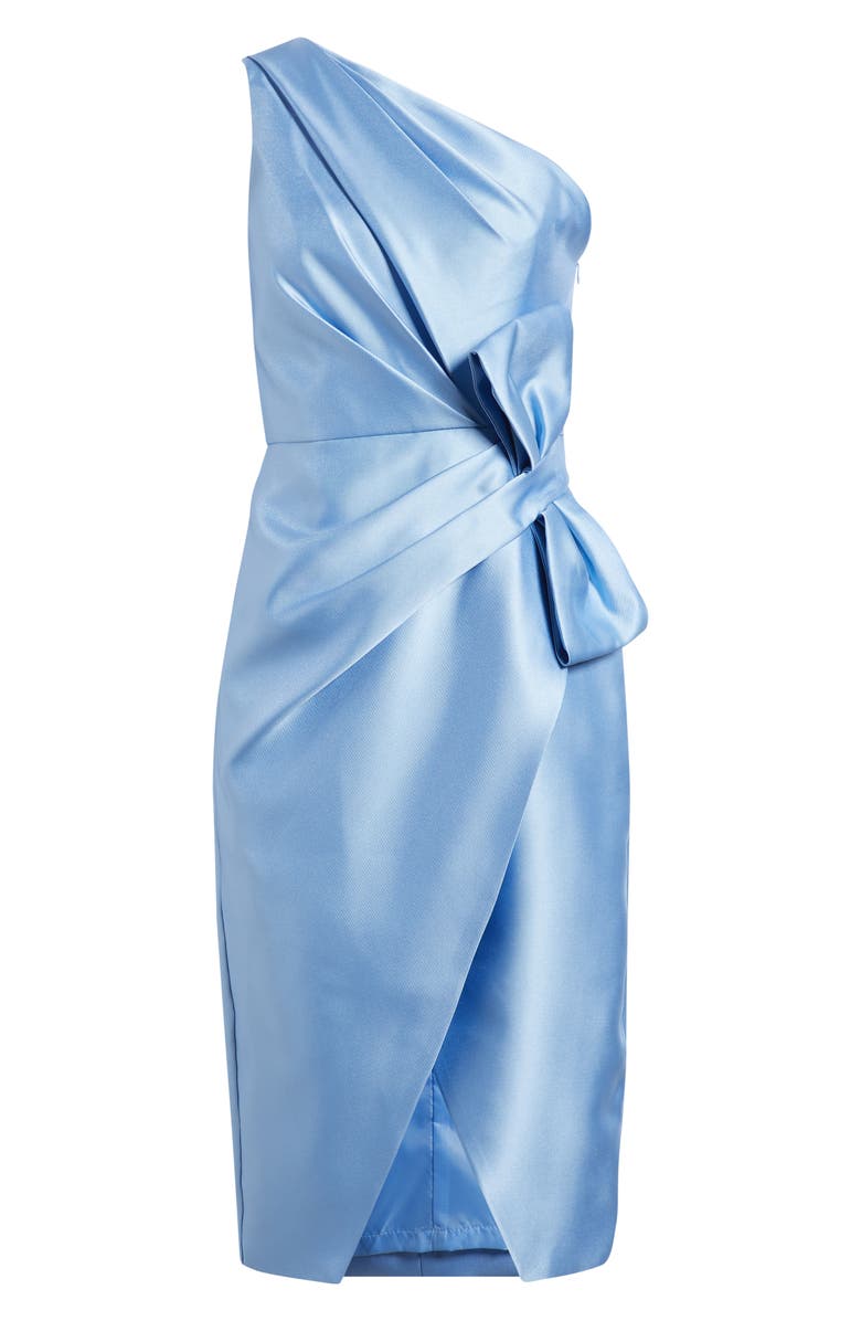 Adrianna Papell Pleated Bow One-Shoulder Mikado Cocktail Dress, Main, color, Icy Topaz