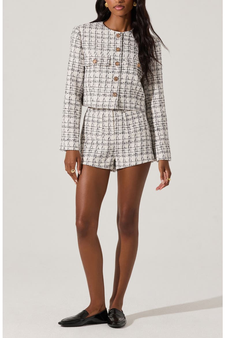 Faux Pearl Trim High Waist Tweed Shorts, Alternate, color, WHITE BLAC