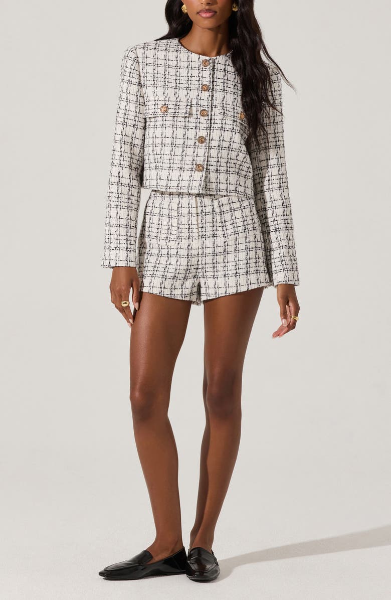 ASTR the Label Faux Pearl Trim High Waist Tweed Shorts, Alternate, color, White Black