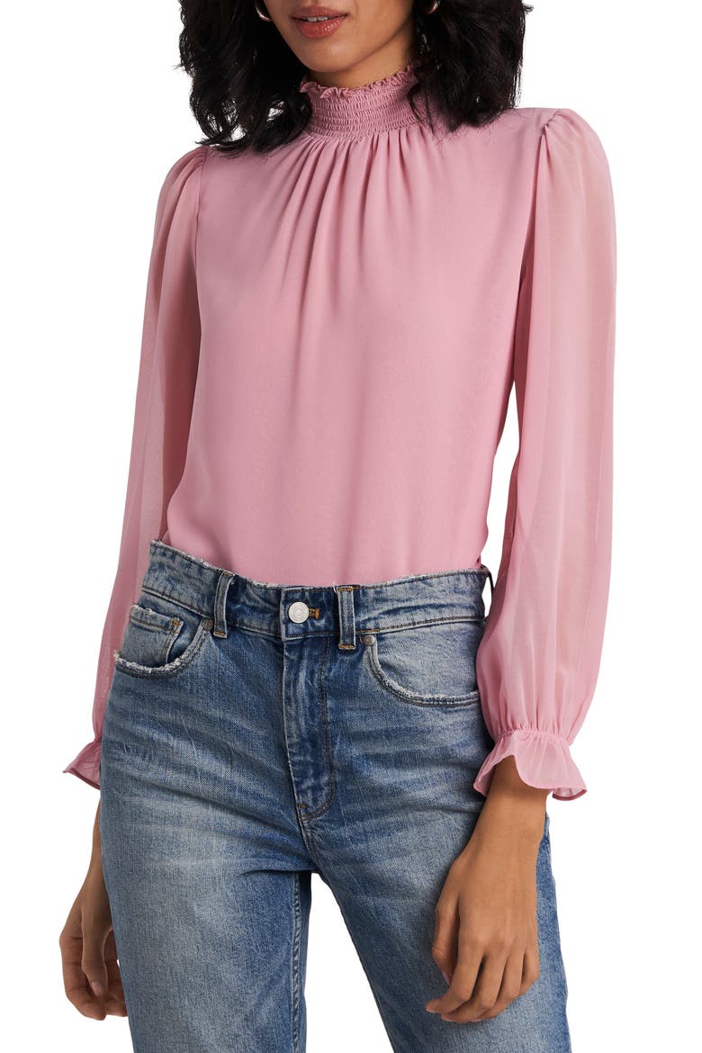 Smocked Neck Long Sleeve Blouse, Alternate, color, ROSE PINK