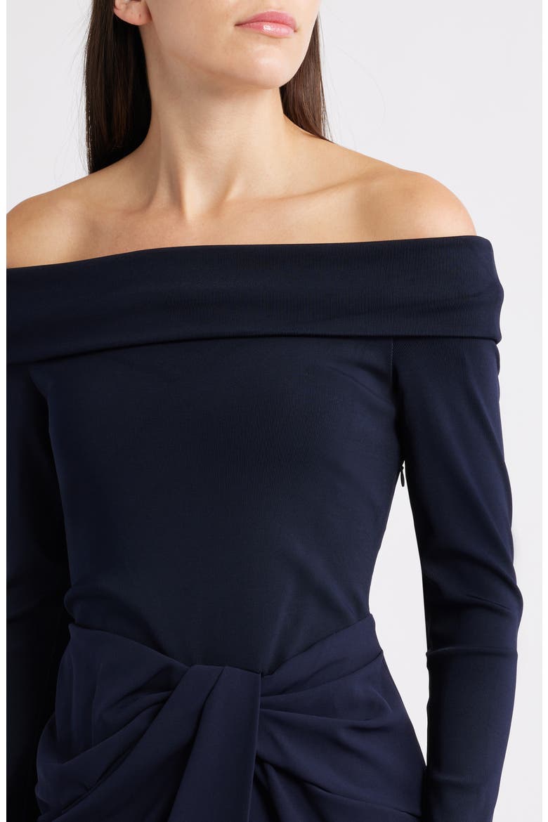 Off the Shoulder Long Sleeve Rib & Crepe Gown, Alternate, color, LIGHTHOUSE NAVY