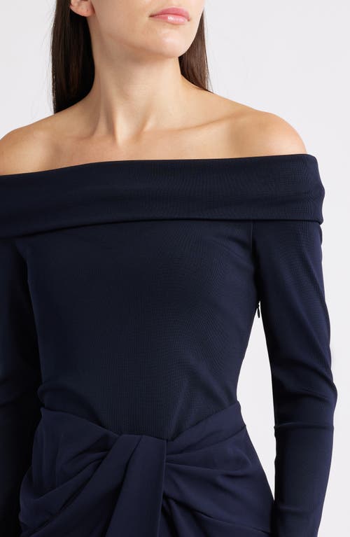 Ralph Lauren Lauren Off The Shoulder Long Sleeve Rib & Crepe Gown In Blue