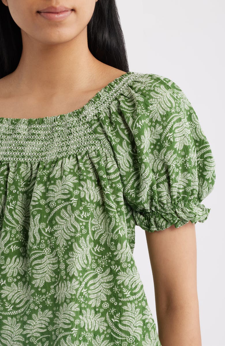 Bobeau Leaf Print Smocked Yoke Top, Alternate, color, Green Fern Floral