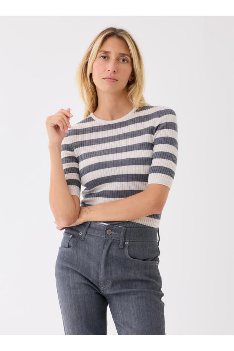 Merino Superfine Rib Knit Stripe Crewneck, Main, color, MILK/GRIS CHINE