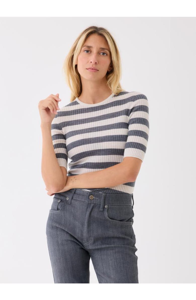 Majestic Filatures Merino Superfine Rib Knit Stripe Crewneck, Main, color, Milk/Gris Chine