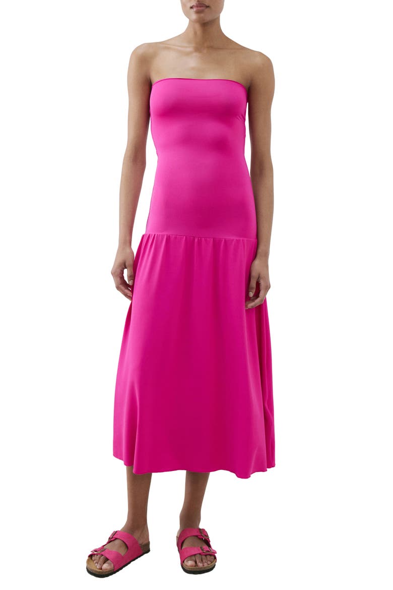 Strapless Drop Waist Midi Dress, Main, color, FUCHSIA