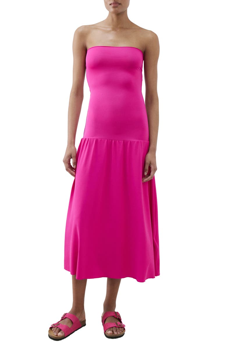 MANGO Strapless Drop Waist Midi Dress, Main, color, Fuchsia