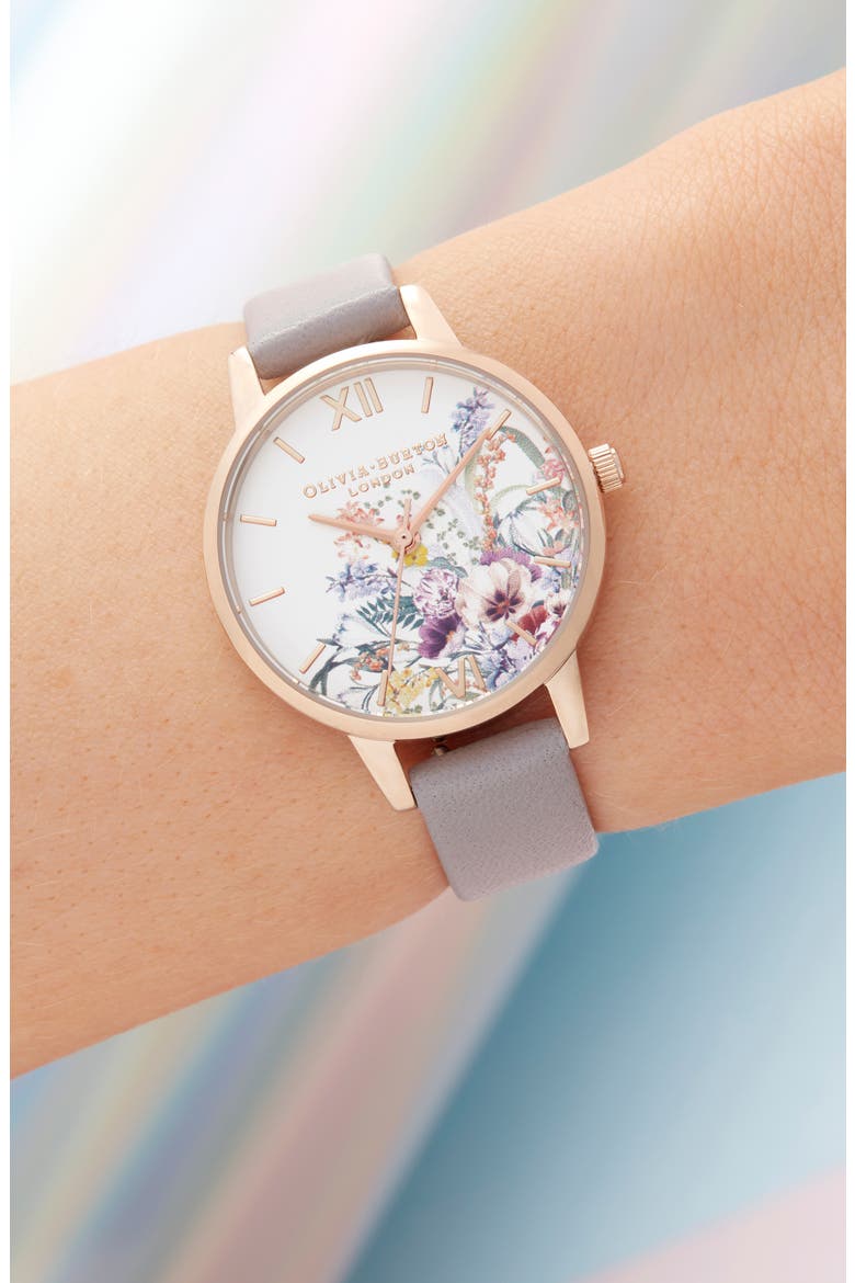 Enchanted Garden Leather Strap Watch, 30mm, Alternate, color, LILAC/ WHITE FLORAL/ ROSE GOLD