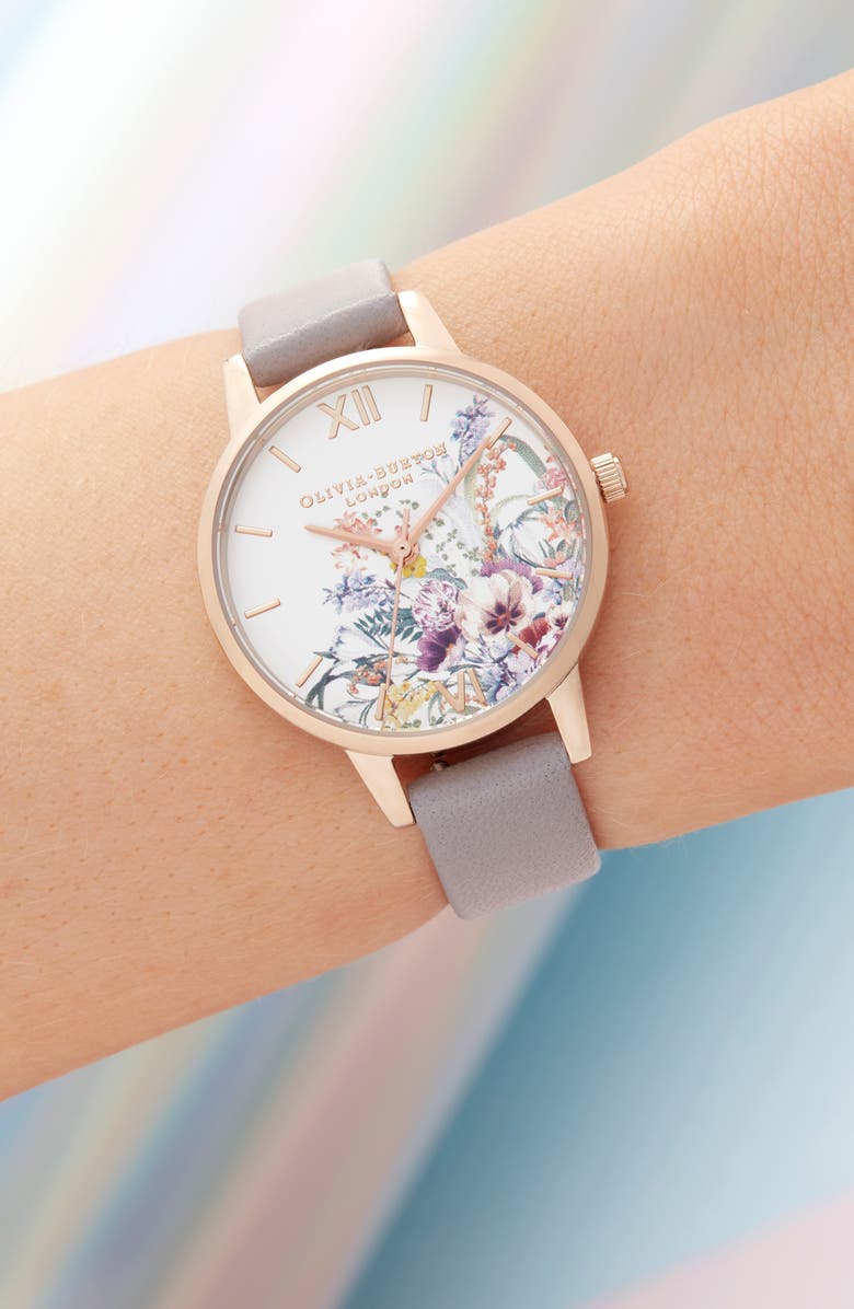 Olivia Burton Enchanted Garden Leather Strap Watch, 30mm, Alternate, color,