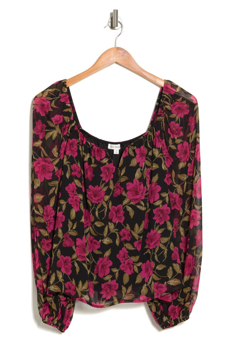 Square Neck Long Sleeve Floral Sweetheart Blouse, Alternate, color, FUCHSIA MULTI