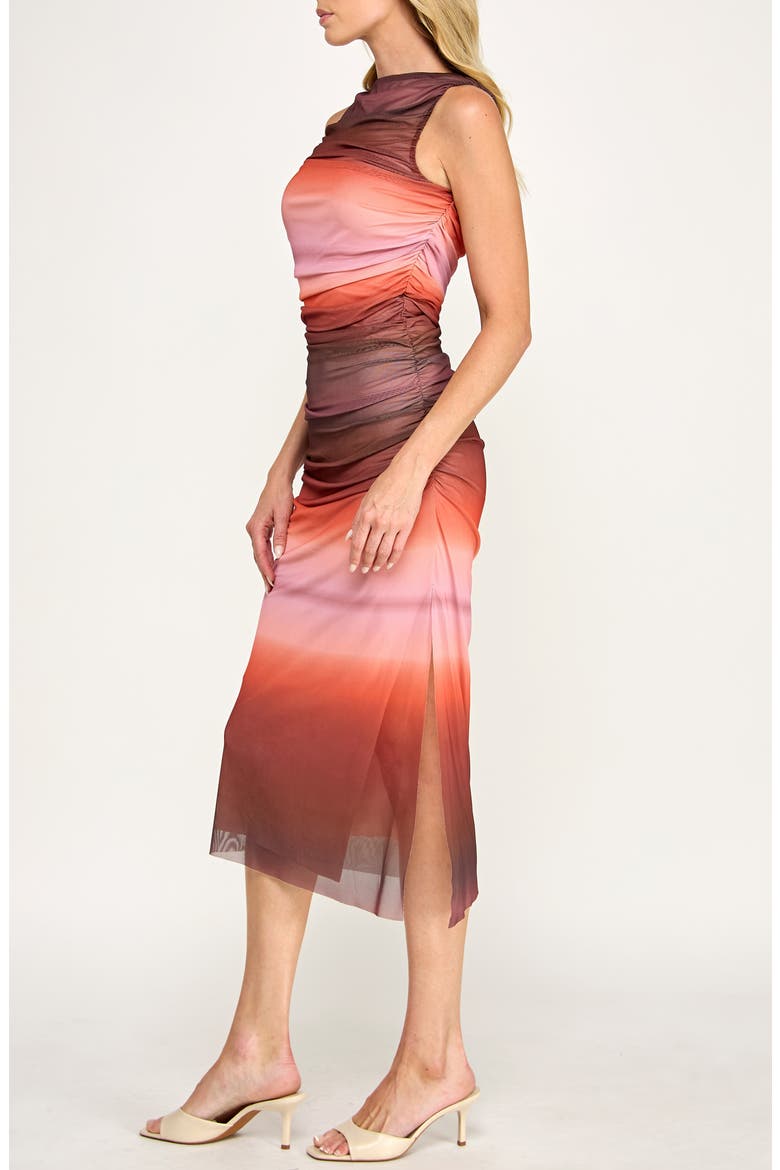 Ruched Mesh Midi Dress, Alternate, color, PNK BRWN OMBRE