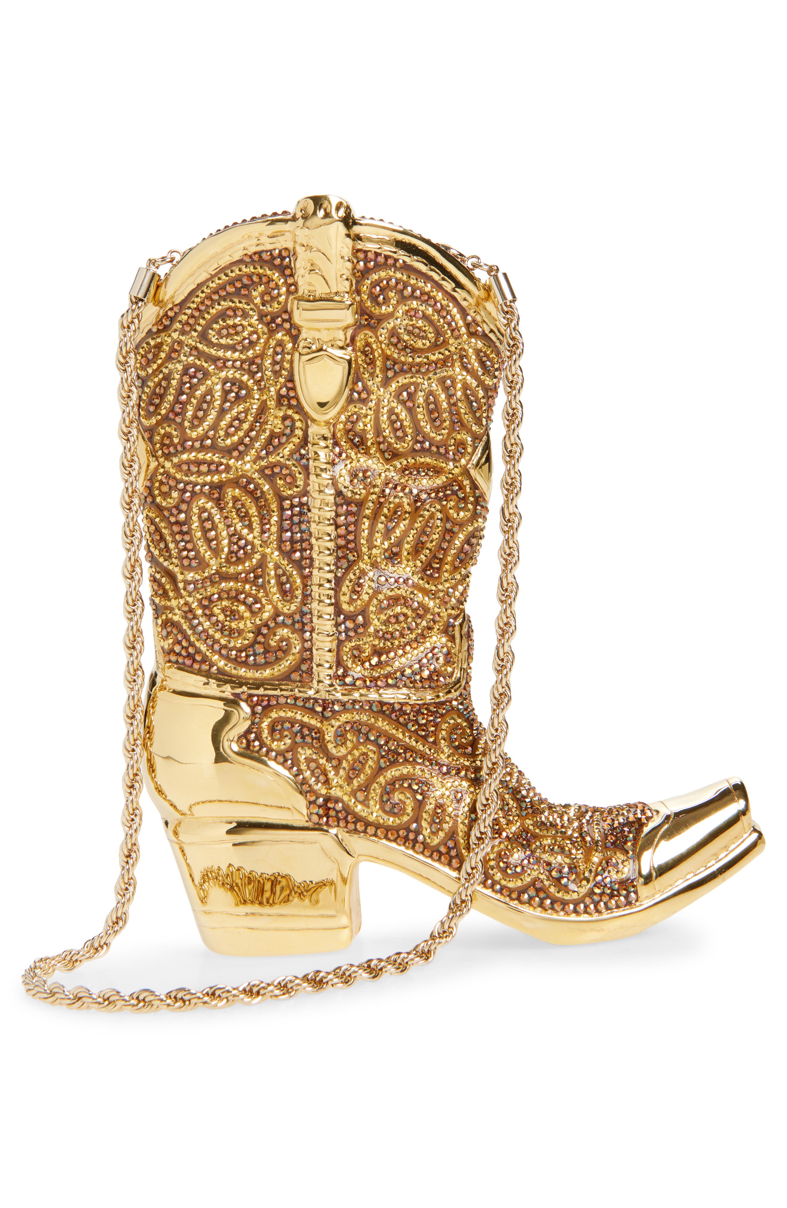 JUDITH LEIBER COUTURE Cowboy Boot Crystal Embellished Clutch, Alternate, color, Champagne Brown Mult