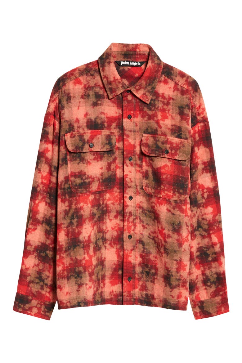 Curved Logo Plaid Button-Up Shirt, Alternate, color, RED OFF WHITE