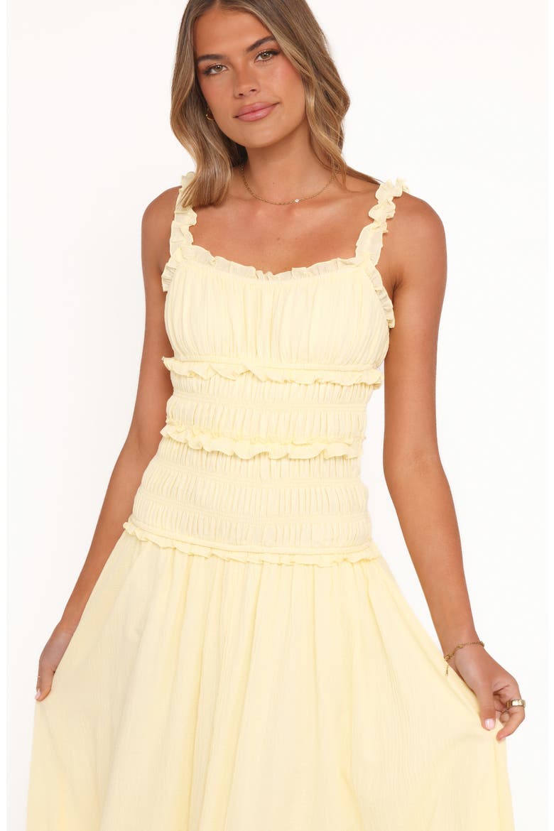 Enola Shirred Ruffle Trim Midi Dress, Alternate, color, YELLOW