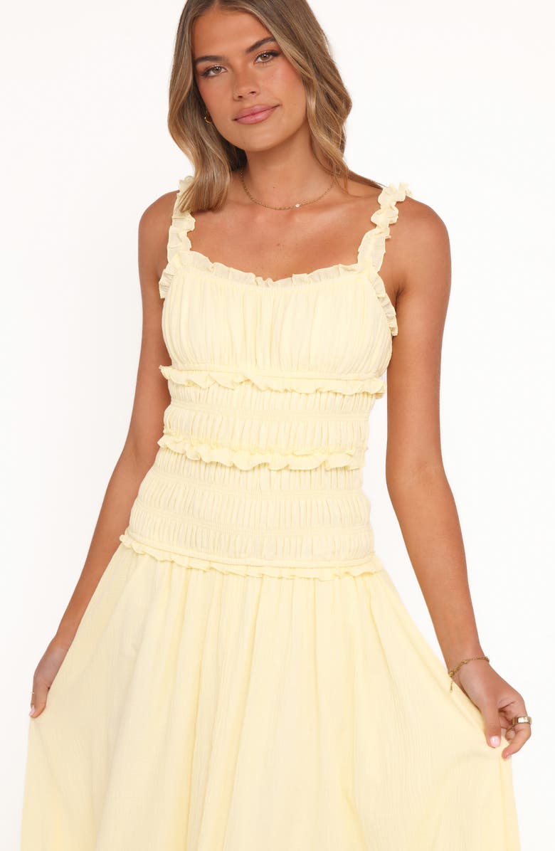 Petal & Pup Enola Shirred Ruffle Trim Midi Dress, Alternate, color, Yellow