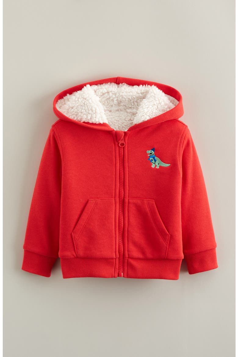 Faux Fur Lined Hooded Jacket, Main, color, RED T-REX SCARF EMBROIDERY