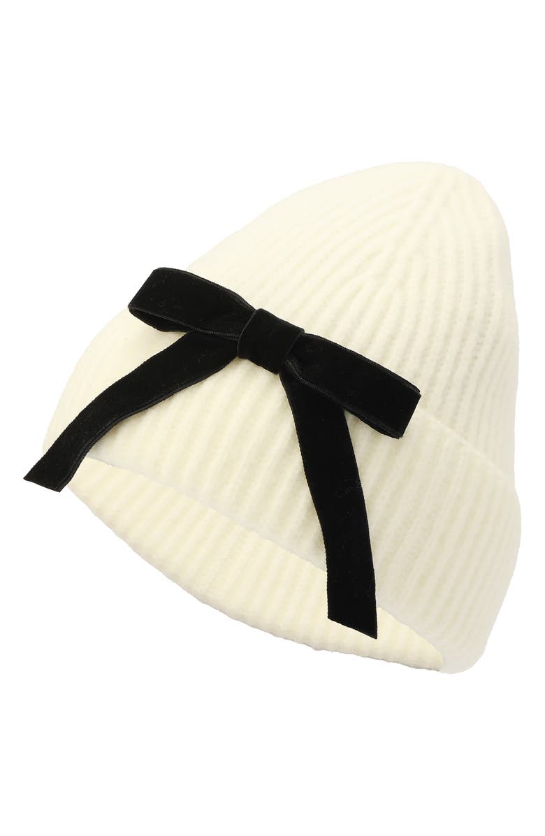 Kate Spade New York Velvet Bow Rib Beanie, Alternate, color, Cream