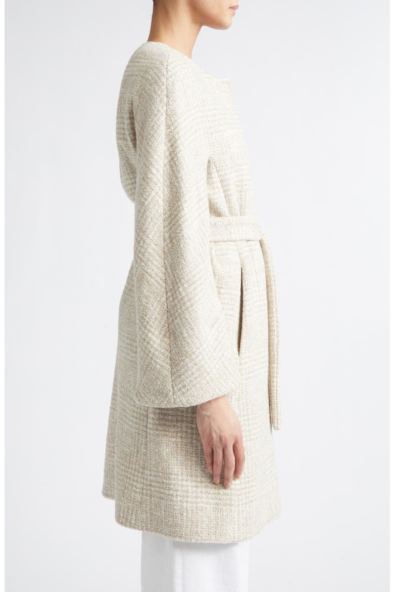 Belted Sequin Wool Blend Bouclé Coat, Alternate, color, 02 SAND
