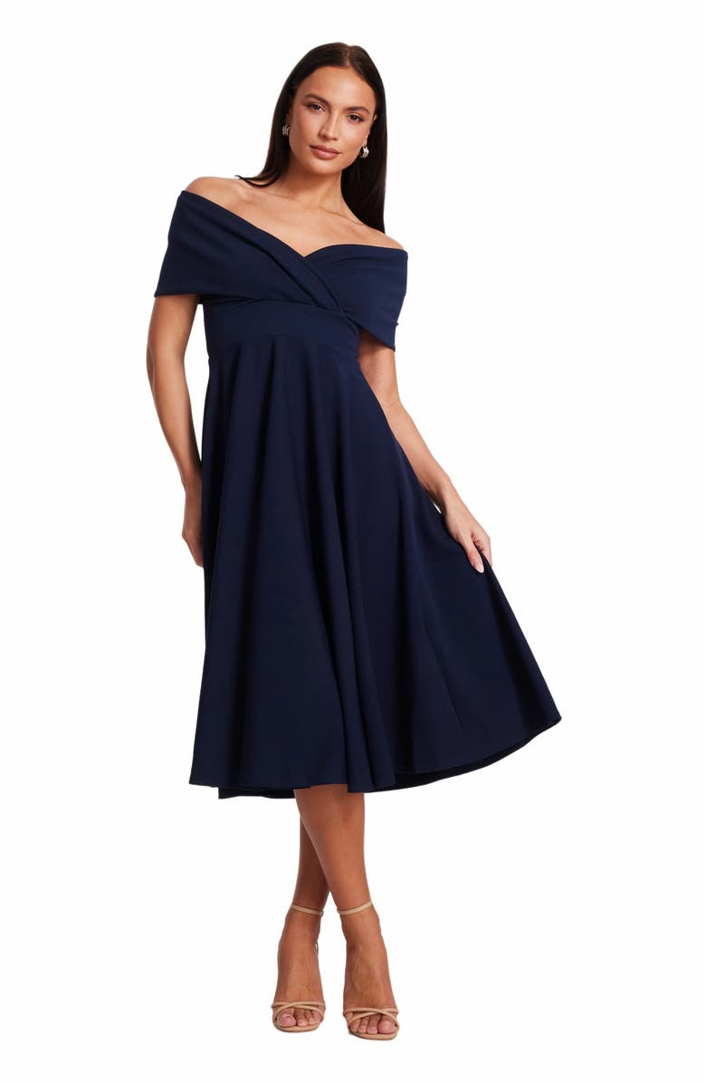 QUIZ Scuba Crepe Bardot Wrap Midi Skater Dress, Main, color, 