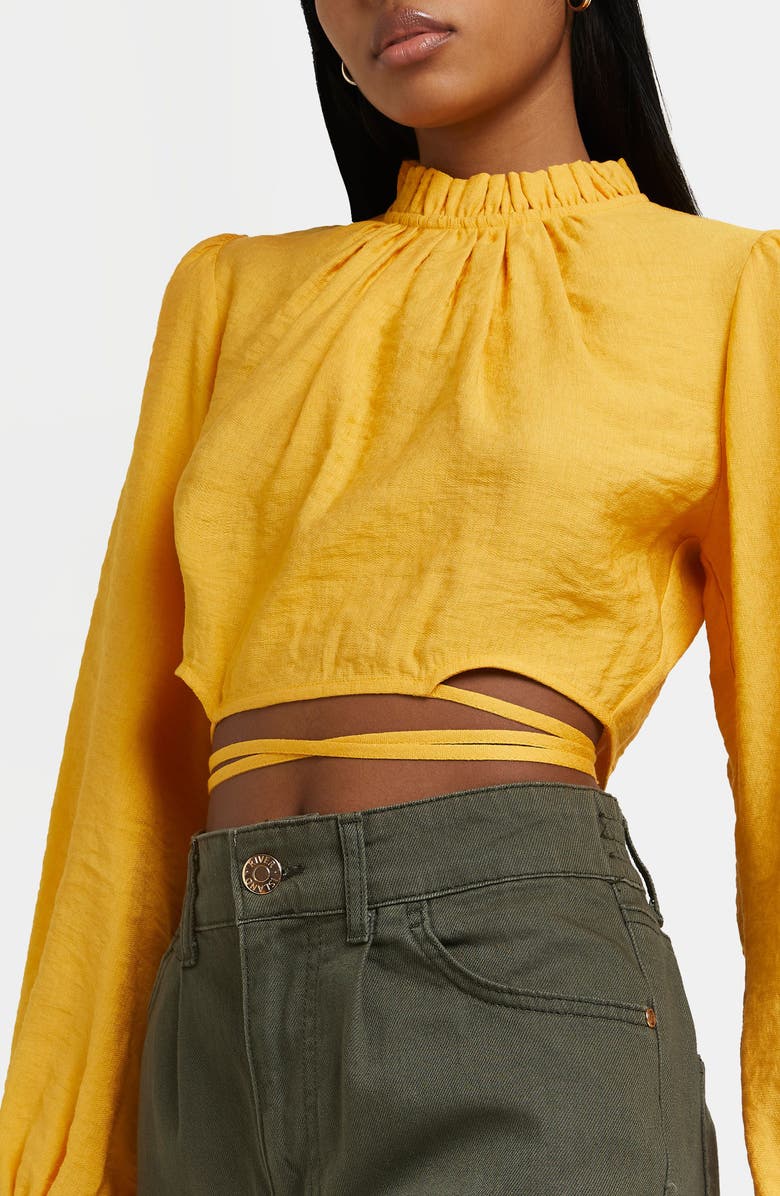 River Island Mock Neck Tie Waist Crop Top, Alternate, color,