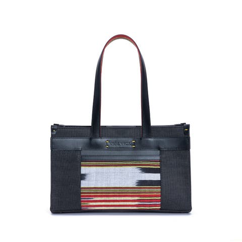 Midi Leather & Canvas Tote Bag with Pockets