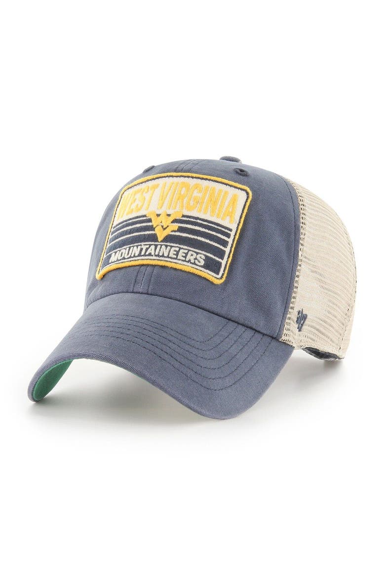 Men's '47 Navy/Natural West Virginia Mountaineers Four Stroke Clean Up Trucker Snapback Hat, Main, color, Navy