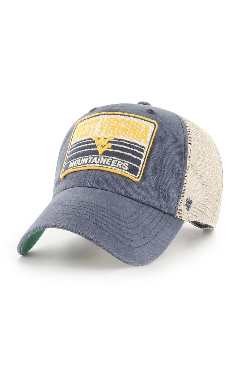 '47 Men's '47 Navy/Natural West Virginia Mountaineers Four Stroke Clean Up Trucker Snapback Hat, Main, color,