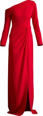 Tadashi Shoji Pleated One-Shoulder Long Sleeve Crepe Gown
