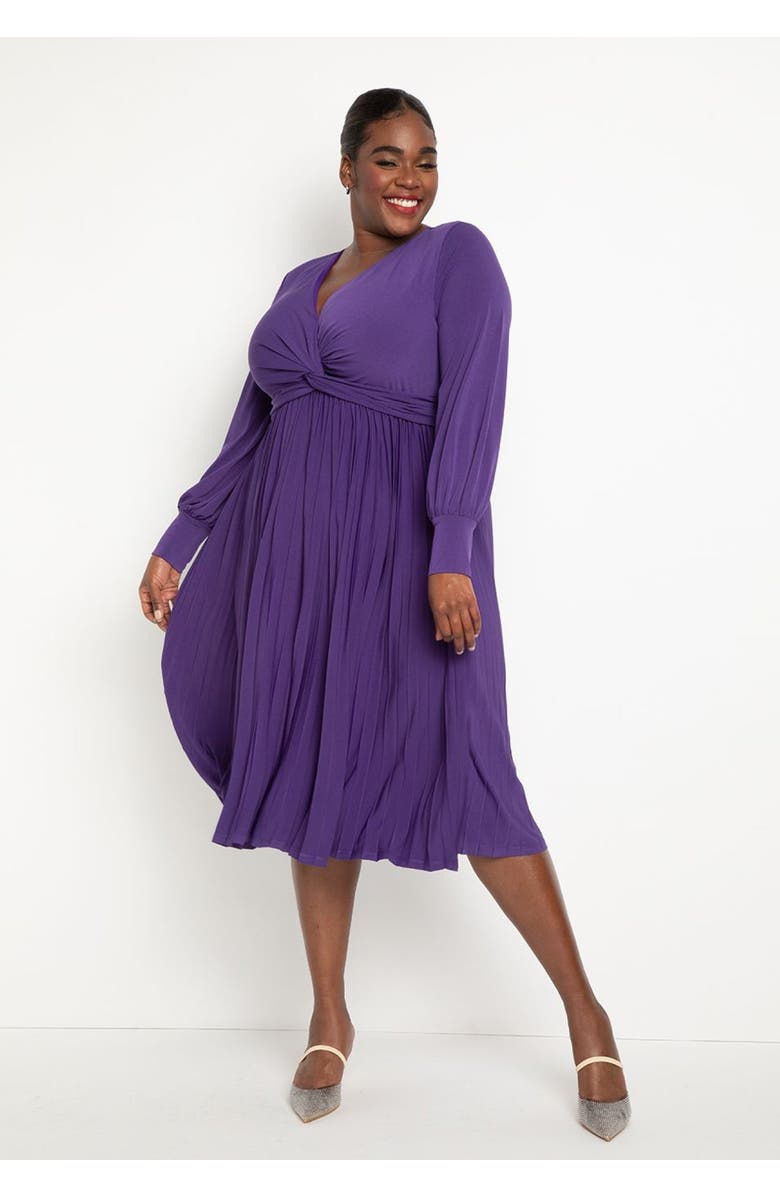 ELOQUII Knot Front Pleated Skirt Dress, Main, color, Violet Indigo