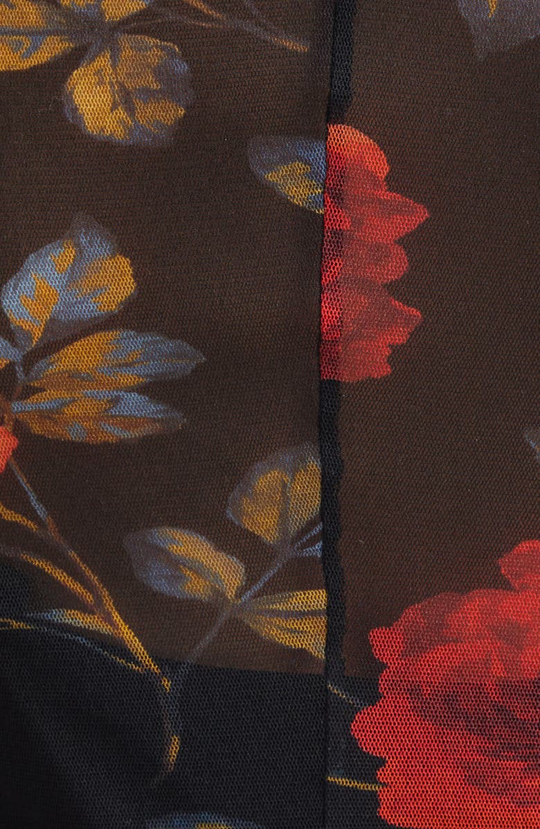 Carolina Herrera Rose Print Long Sleeve Mesh Dress, Alternate, color, Black Multi