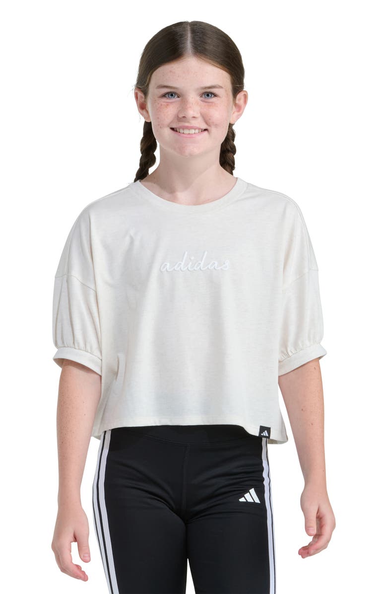 adidas Kids' Graphic Cotton Blend Puff Sleeve T-Shirt, Main, color, Tan Heather