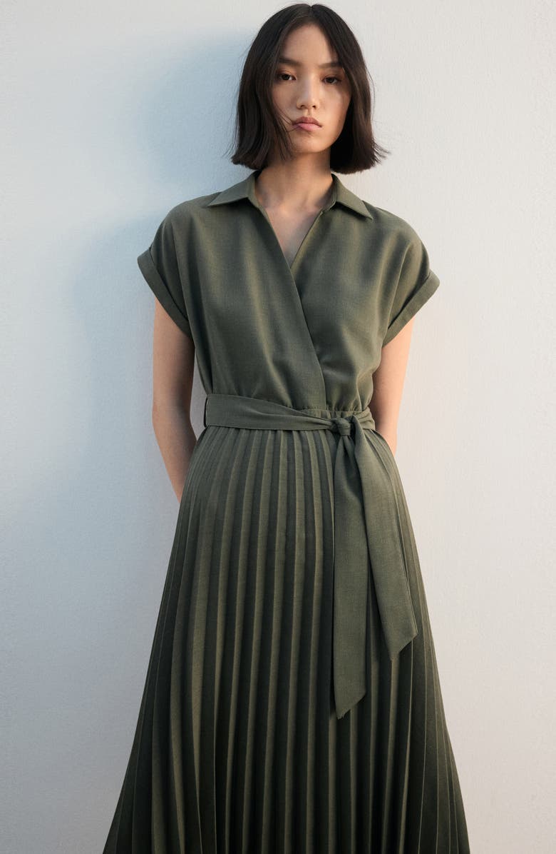 MANGO Pleated Tie Waist Maxi Shirtdress, Alternate, color, Khaki Green