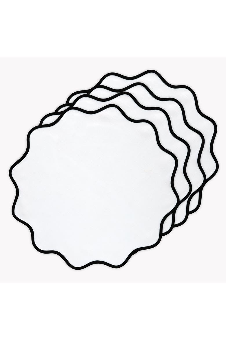 Linen Placemats 16 Inch Round Set of 4 - Giselle Scallop Edge, Main, color, Black and White