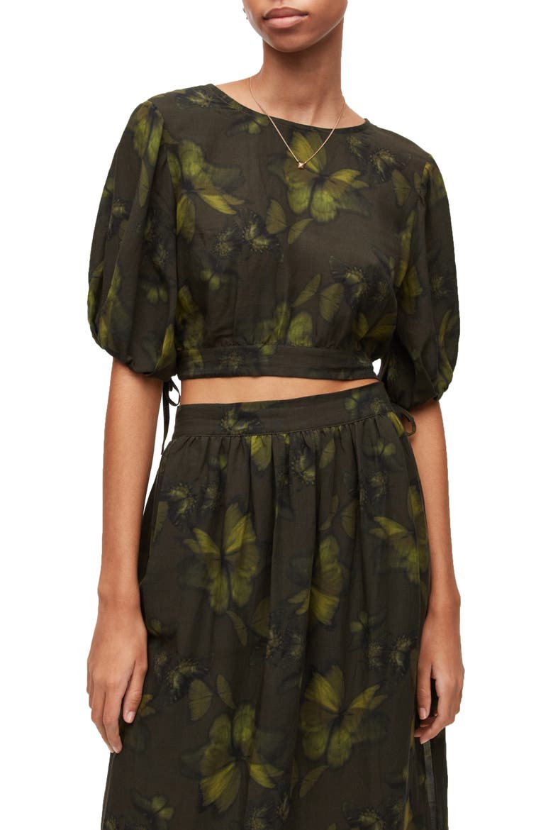 Puff Sleeve Butterfly Print Crop Top, Main, color, SYCAMORE GREEN