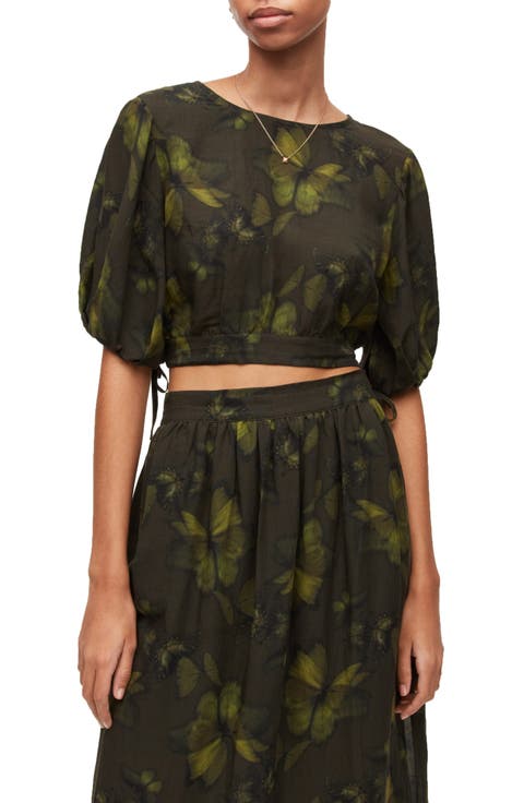 Puff Sleeve Butterfly Print Crop Top