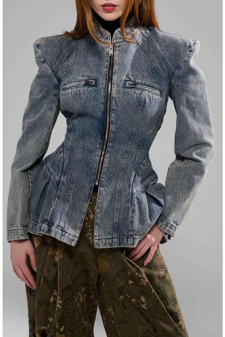 Virelle Structured Denim Peplum Jacket, Main, color, DENIM