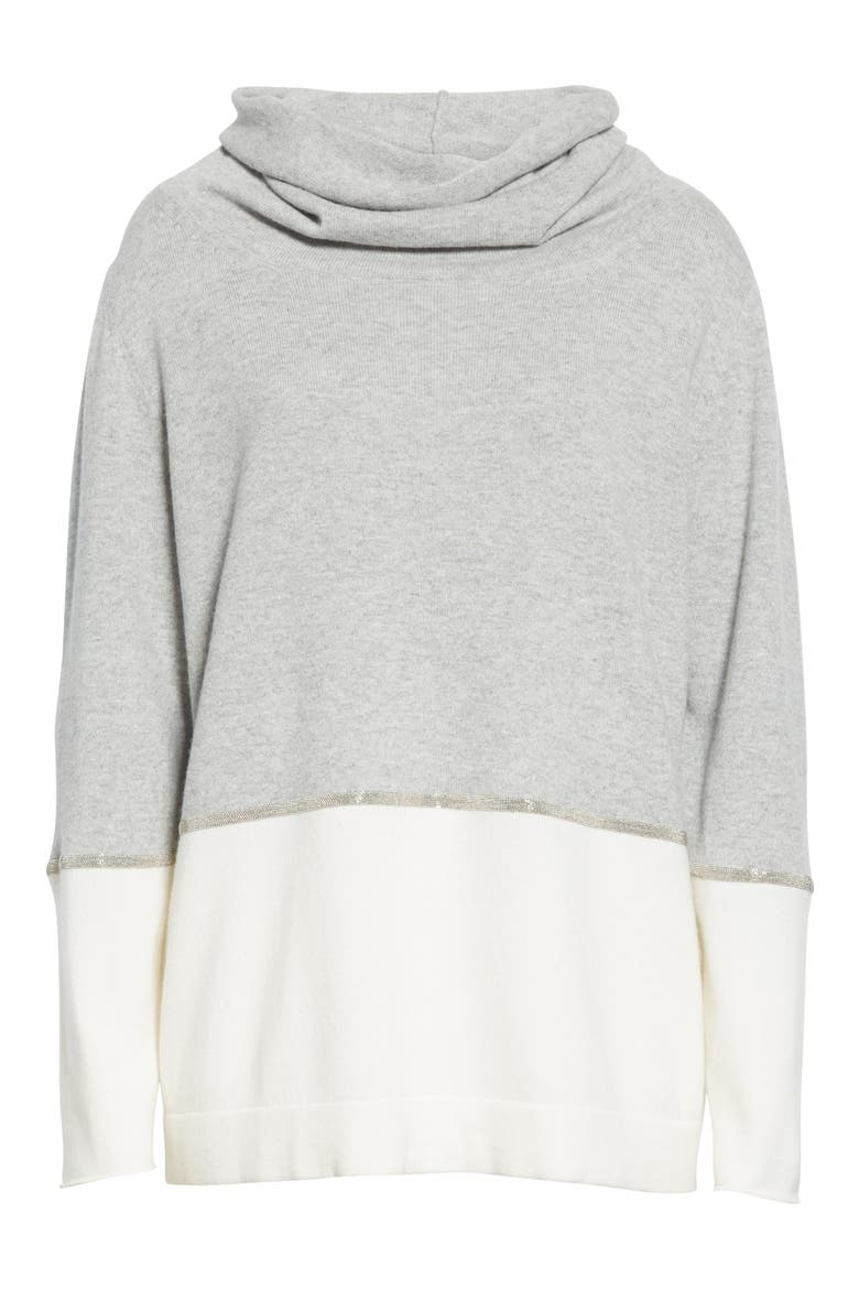 Bicolor Chain Trim Wool, Silk and Cashmere Sweater, Alternate, color, GREY/ WHITE
