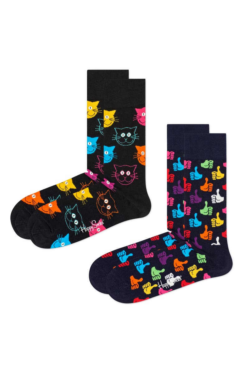 Happy Socks Assorted 2-Pack Classic Cat Cotton Blend Crew Socks, Main, color, 