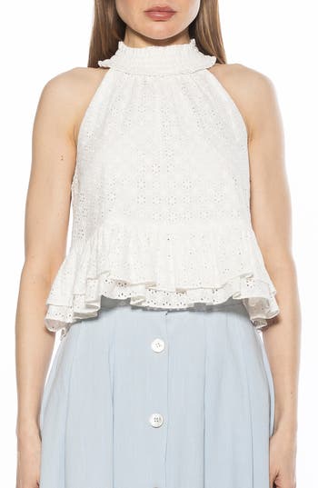 Alexia Admor Roth Smocked Ruffle Halter Top In Ivory