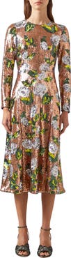 LK Bennett Marcel Floral Sequin Long Sleeve Midi Dress