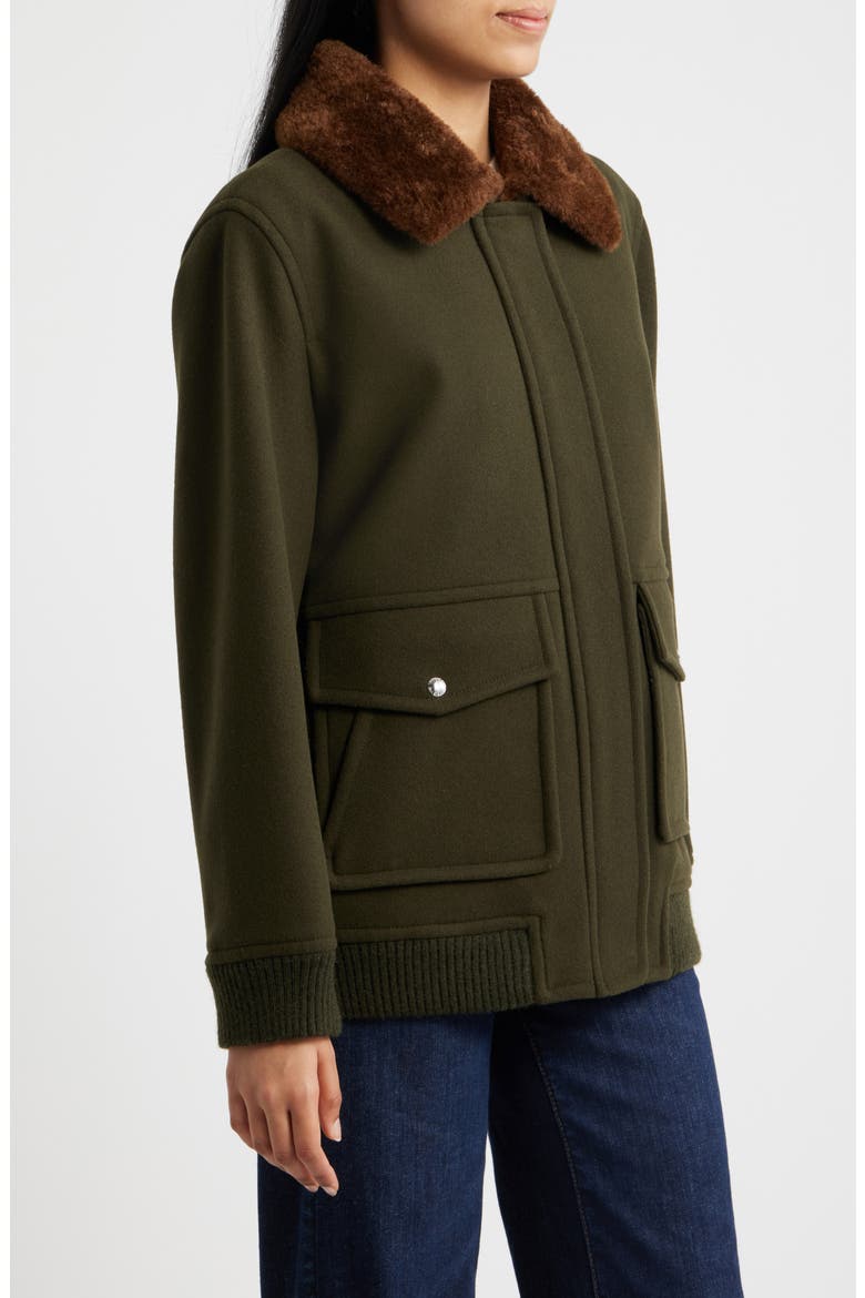 Relaxed Bomber Jacket with Faux Shearling Collar, Alternate, color, LODEN