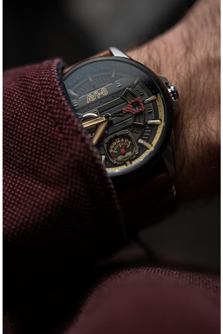 Hawker Harrier Farley Leather Strap Watch, 44mm, Alternate, color, BLACK