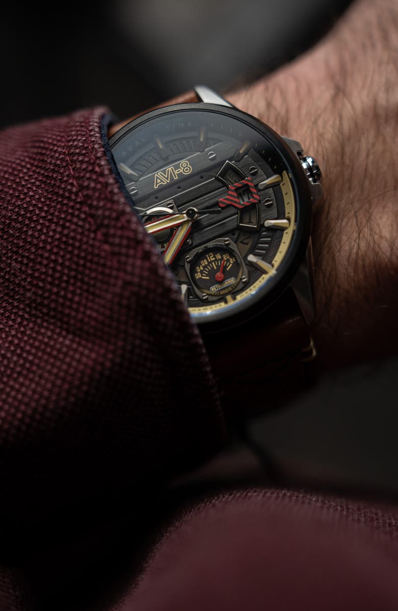 AVI-8 Hawker Harrier Farley Leather Strap Watch, 44mm, Alternate, color, Black