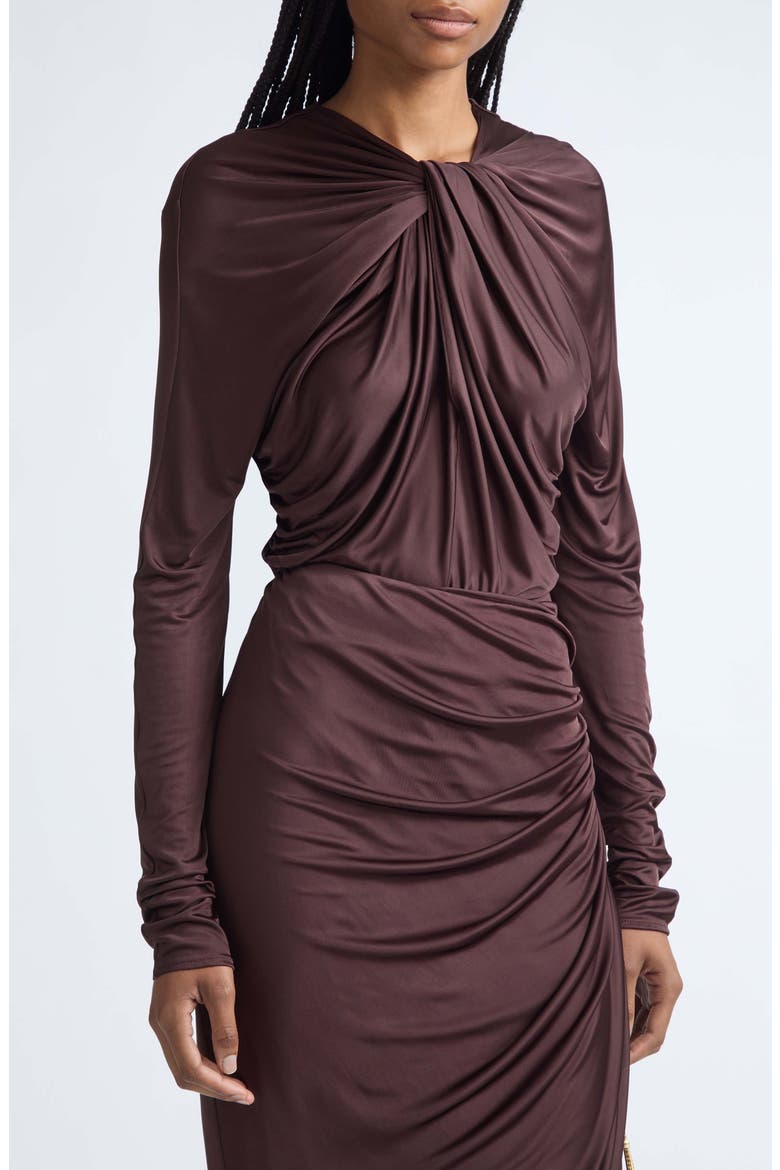 Twist Detail Long Sleeve Viscose Jersey Bodysuit, Alternate, color, A51 BROWN