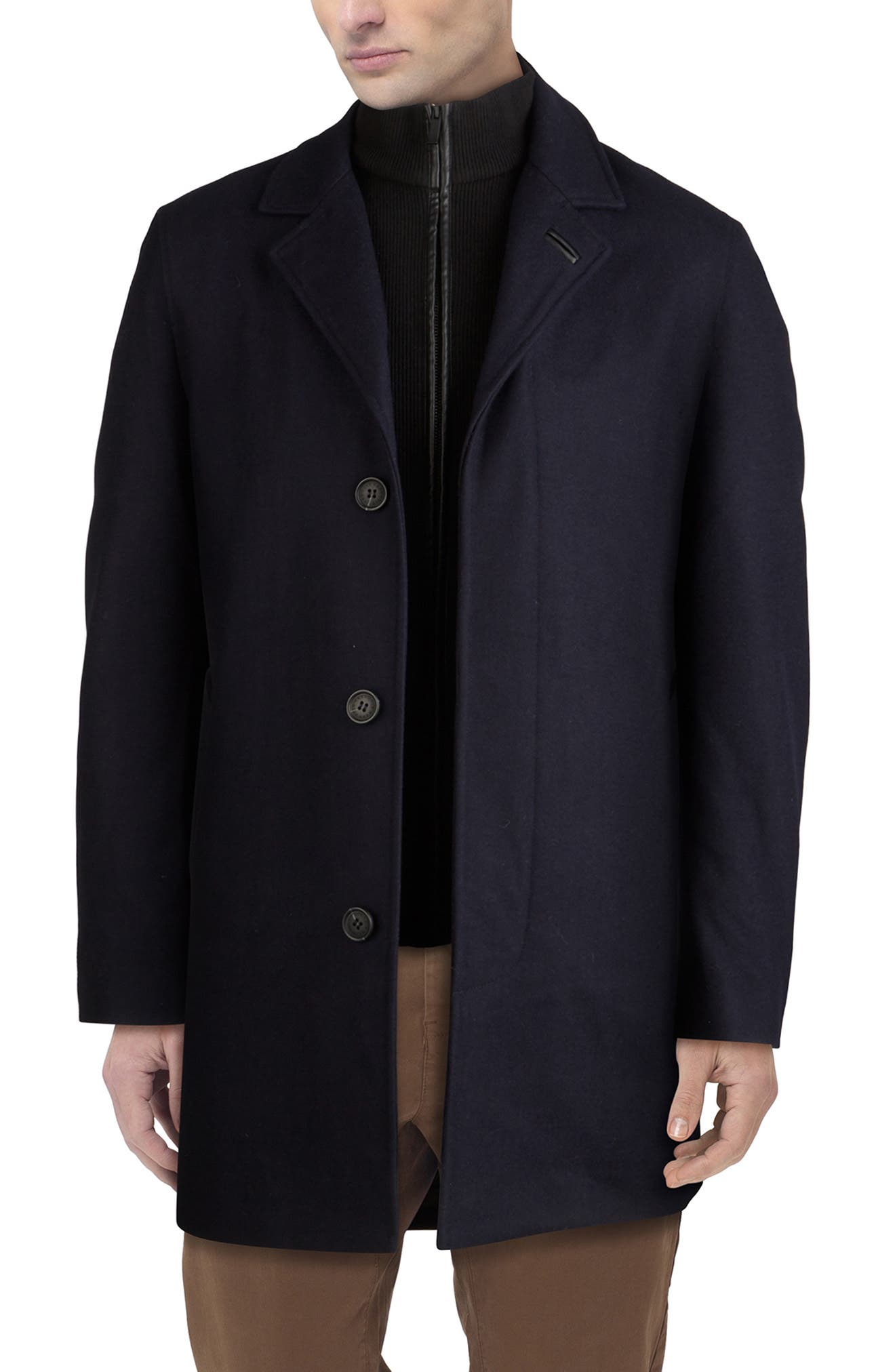 Wool Blend Topcoat with Inset Knit Bib